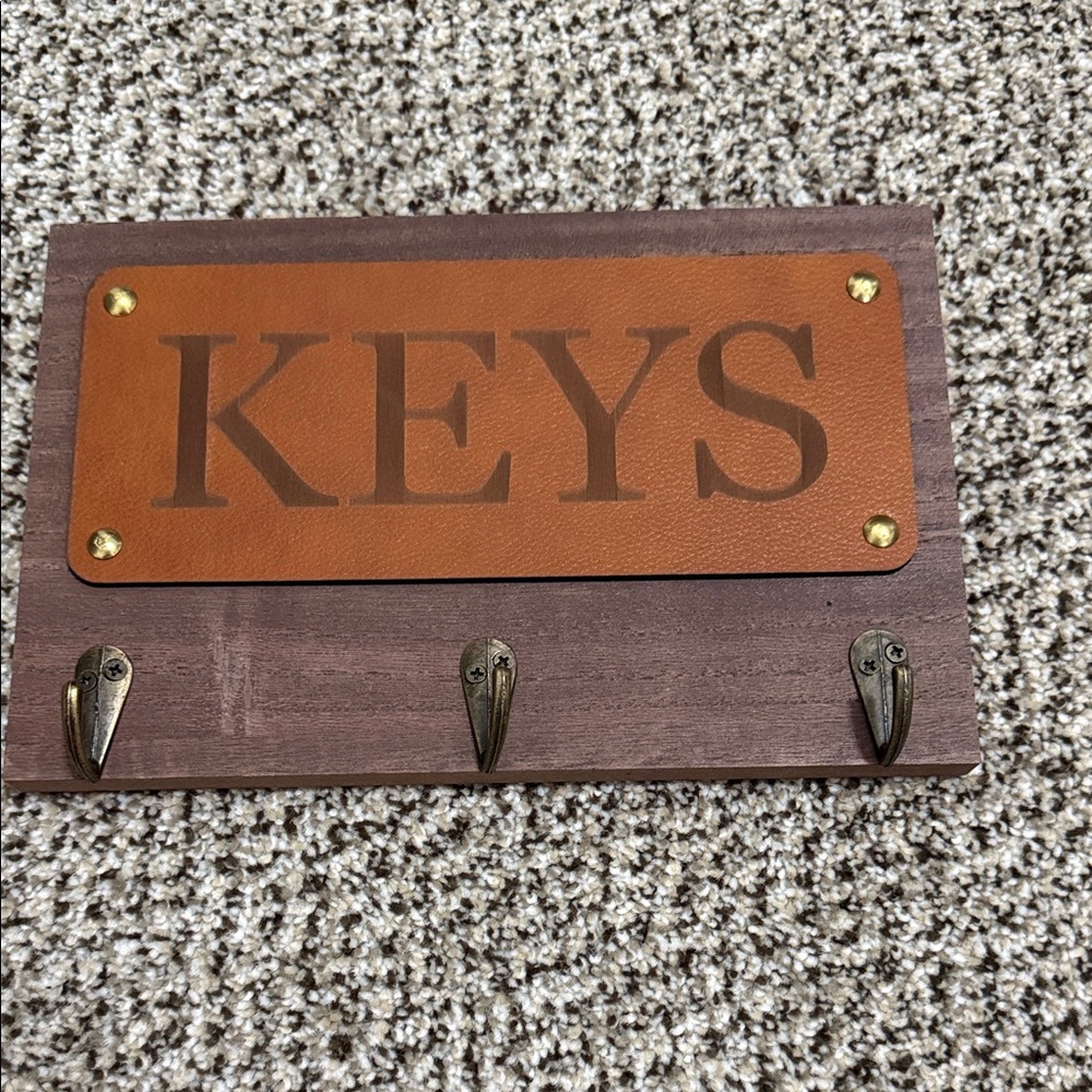 Brown Wooden Key Holder with Leather Accent